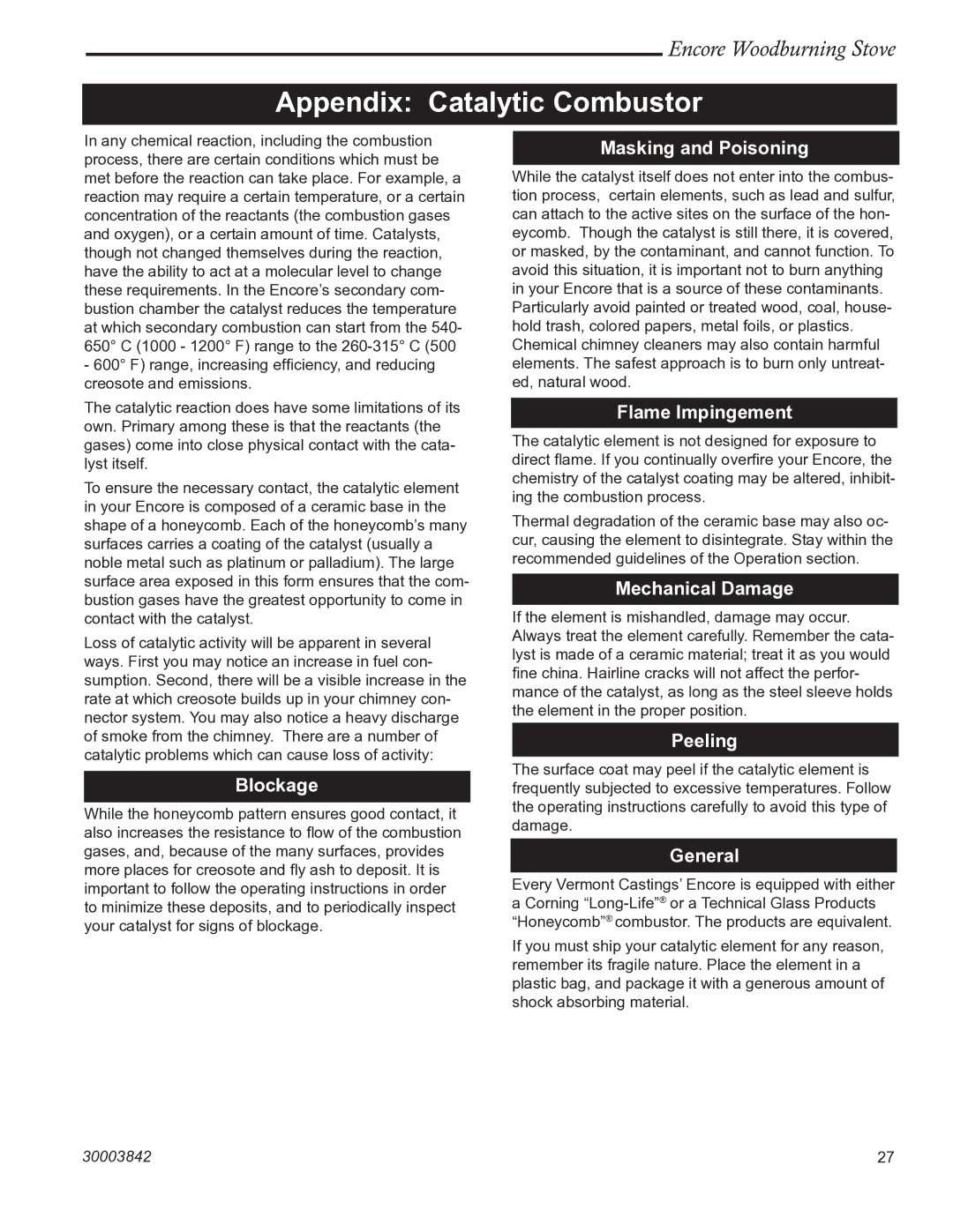 Vermont Casting 2550CE installation instructions Appendix Catalytic Combustor 