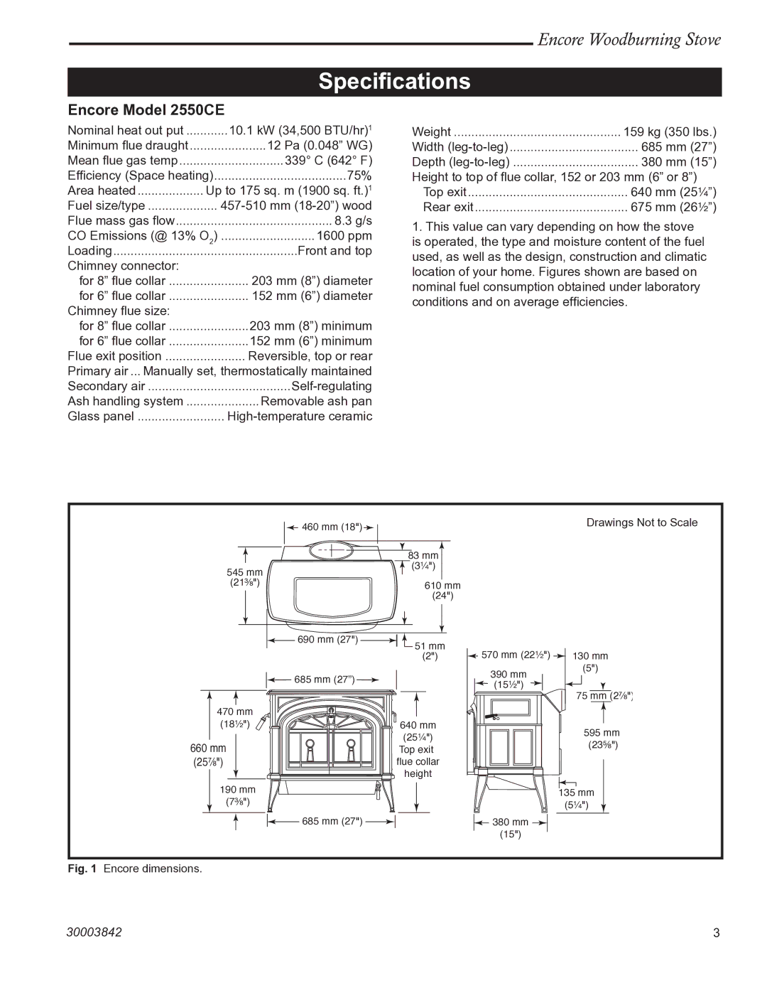 Vermont Casting installation instructions Speciﬁcations, Encore Model 2550CE 