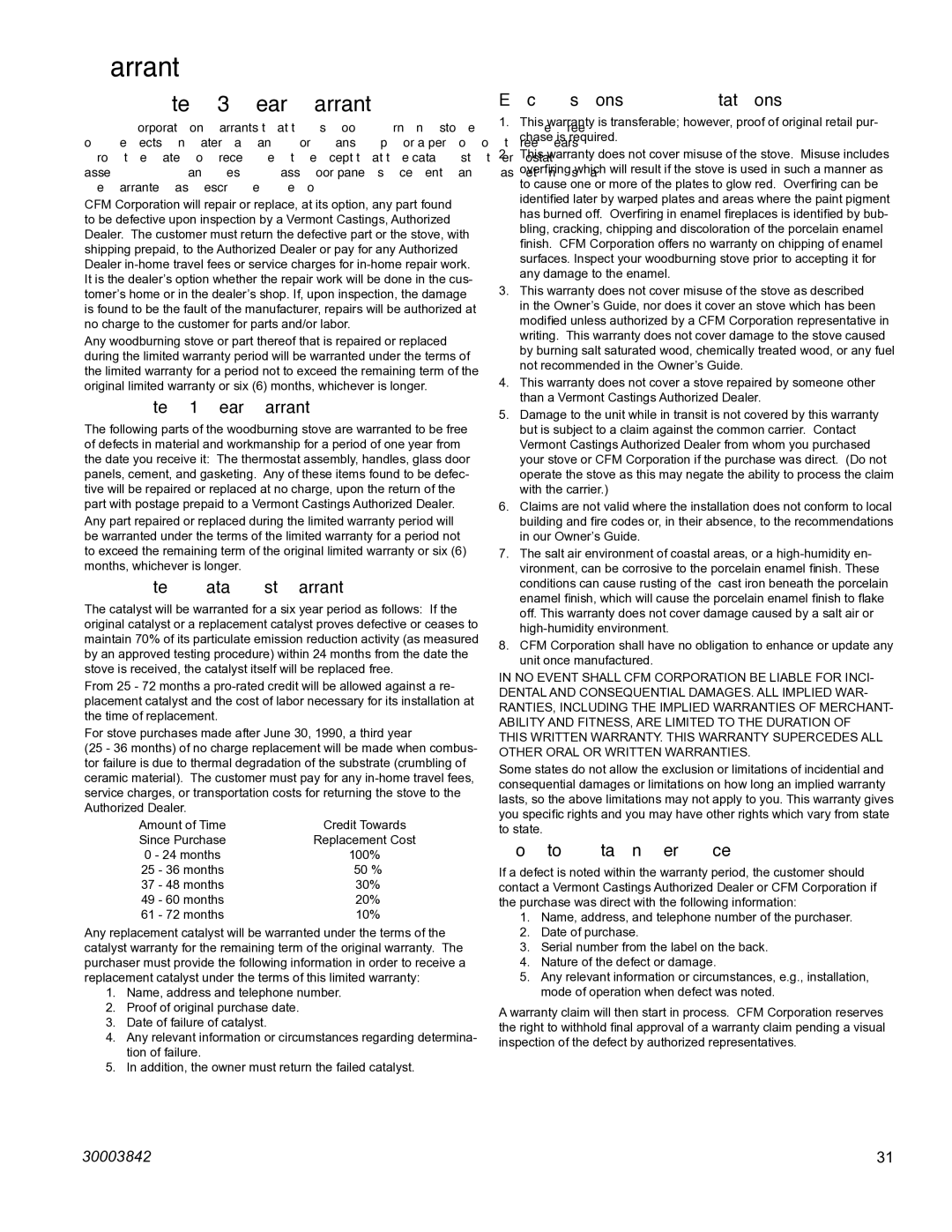 Vermont Casting 2550CE installation instructions Warranty 