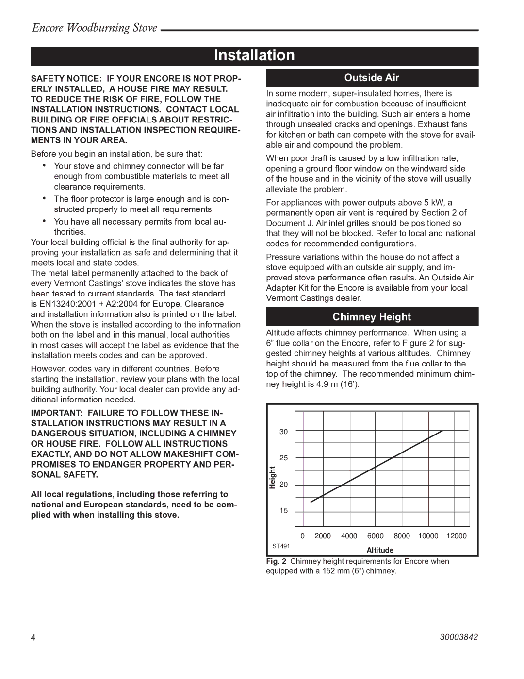 Vermont Casting 2550CE installation instructions Installation, Outside Air, Chimney Height 