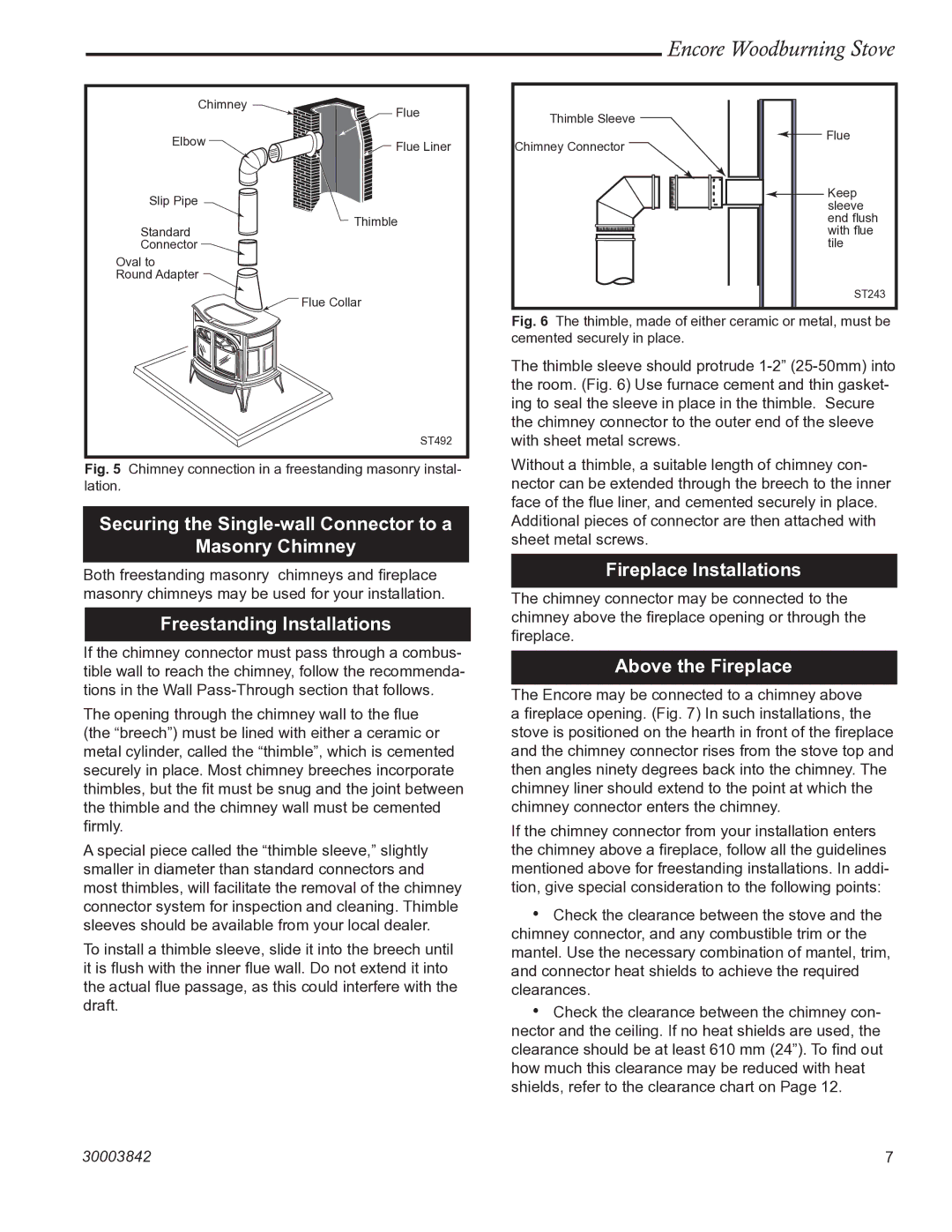 Vermont Casting 2550CE Securing the Single-wall Connector to a Masonry Chimney, Freestanding Installations 