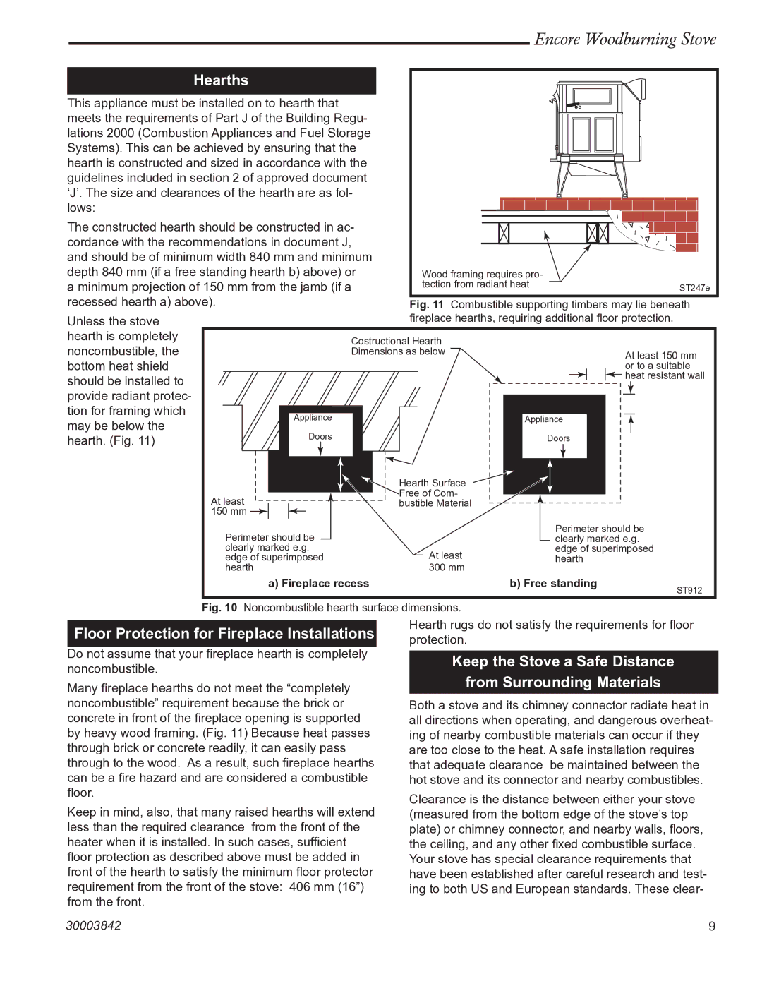 Vermont Casting 2550CE installation instructions Hearths, Floor Protection for Fireplace Installations 