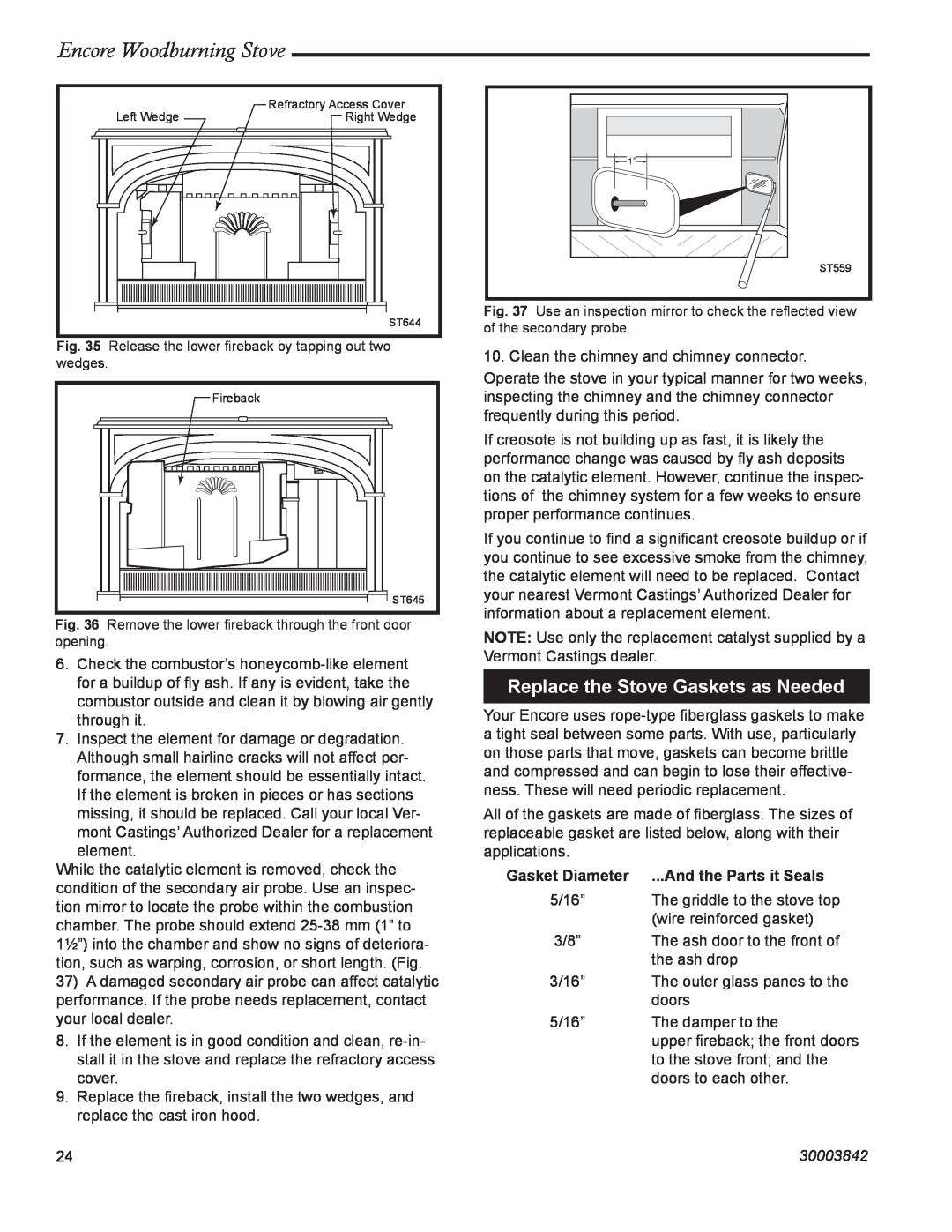 Vermont Casting 2550CE installation instructions Replace the Stove Gaskets as Needed, Encore Woodburning Stove, 30003842 