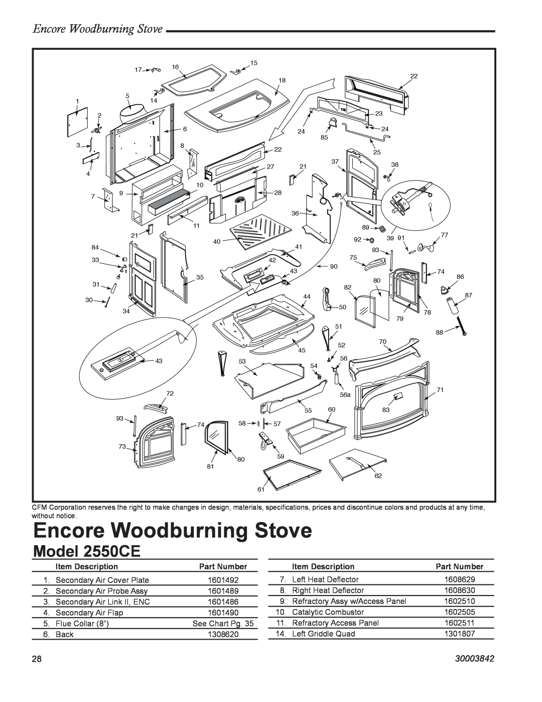Vermont Casting Model 2550CE, Encore Woodburning Stove, 30003842, Item Description, Part Number 