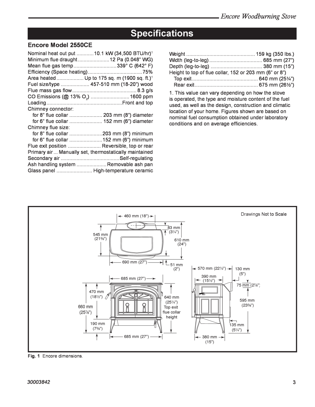 Vermont Casting installation instructions Speciﬁcations, Encore Model 2550CE, Encore Woodburning Stove, 30003842 