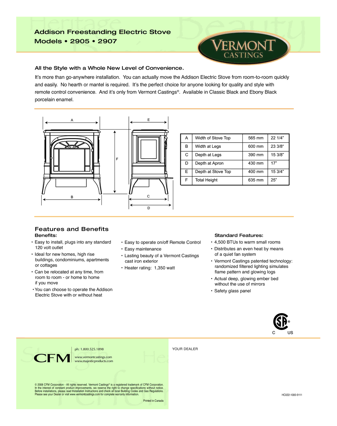 Vermont Casting 2907 manual Addison Freestanding Electric Stove Models 2905, Featur es and Benefits 