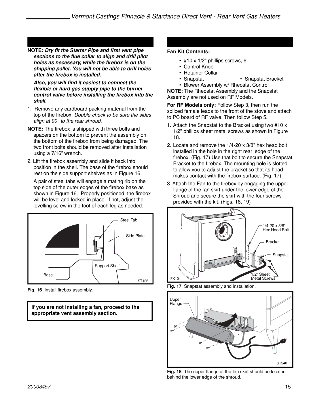 Vermont Casting 2997, 2950, 2951, 2998, 2996, 2995 Install the Firebox, Install Optional Fan Kit #2960/FK28, Fan Kit Contents 