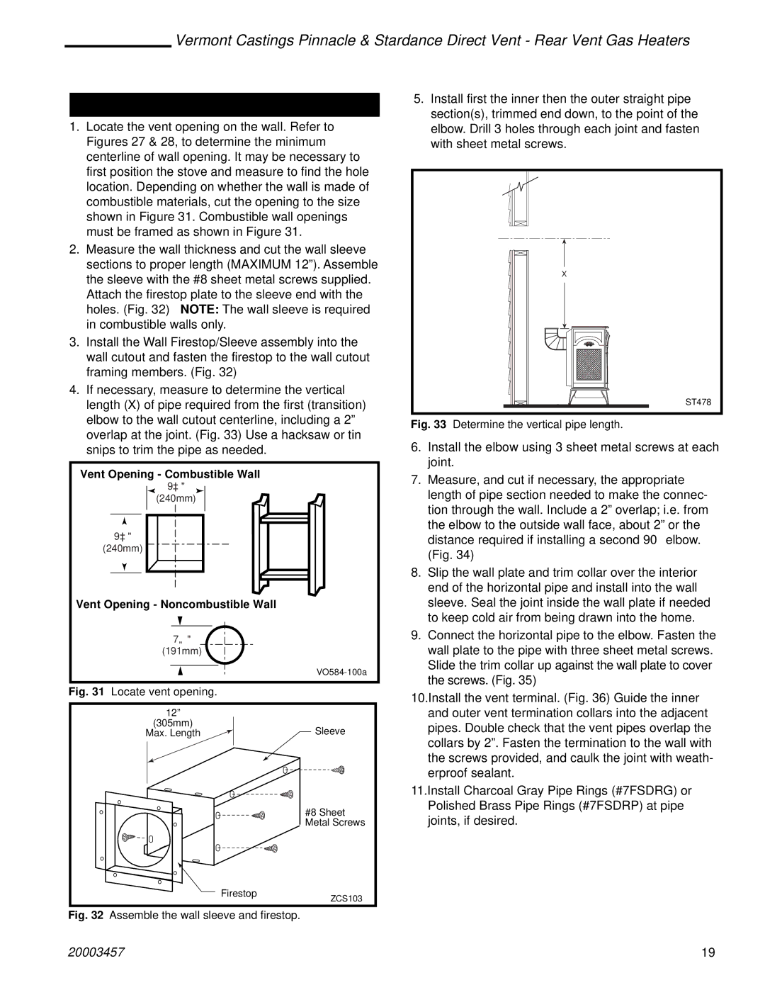 Vermont Casting 2951, 2950, 2998, 2997, 2996, 2995 manual Side Wall Termination Assembly, Vent Opening Noncombustible Wall 