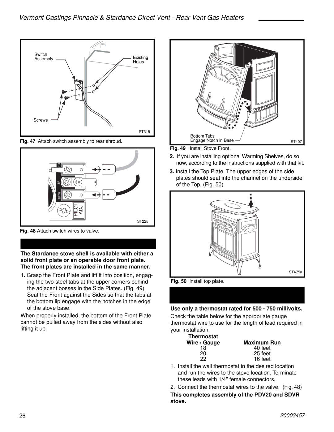 Vermont Casting 2998, 2950, 2951, 2997, 2996, 2995 manual Install the Front and Top Plates, Thermostat Connection 