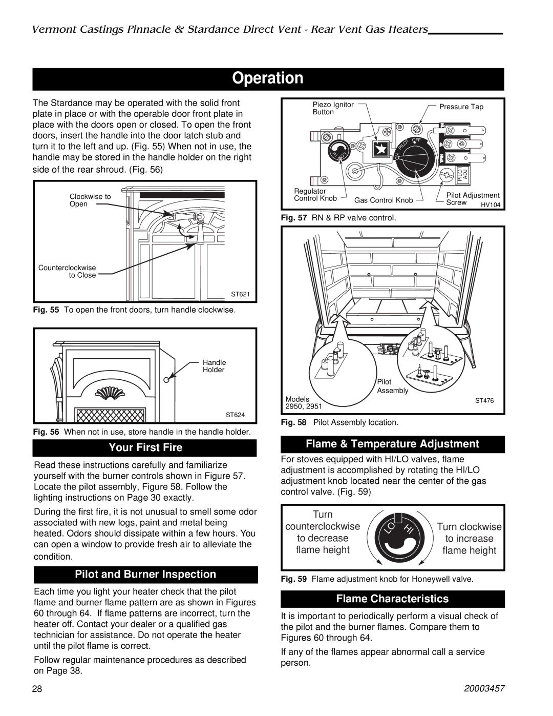 Vermont Casting 2996, 2950, 2951 Operation, Your First Fire, Pilot and Burner Inspection, Flame & Temperature Adjustment 