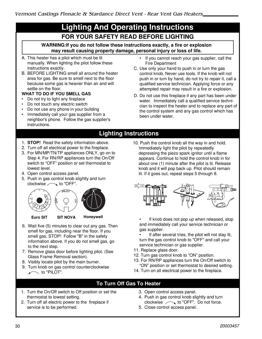 Vermont Casting 2950, 2951 Lighting And Operating Instructions, To Turn Off Gas To Heater, What to do if YOU Smell GAS 