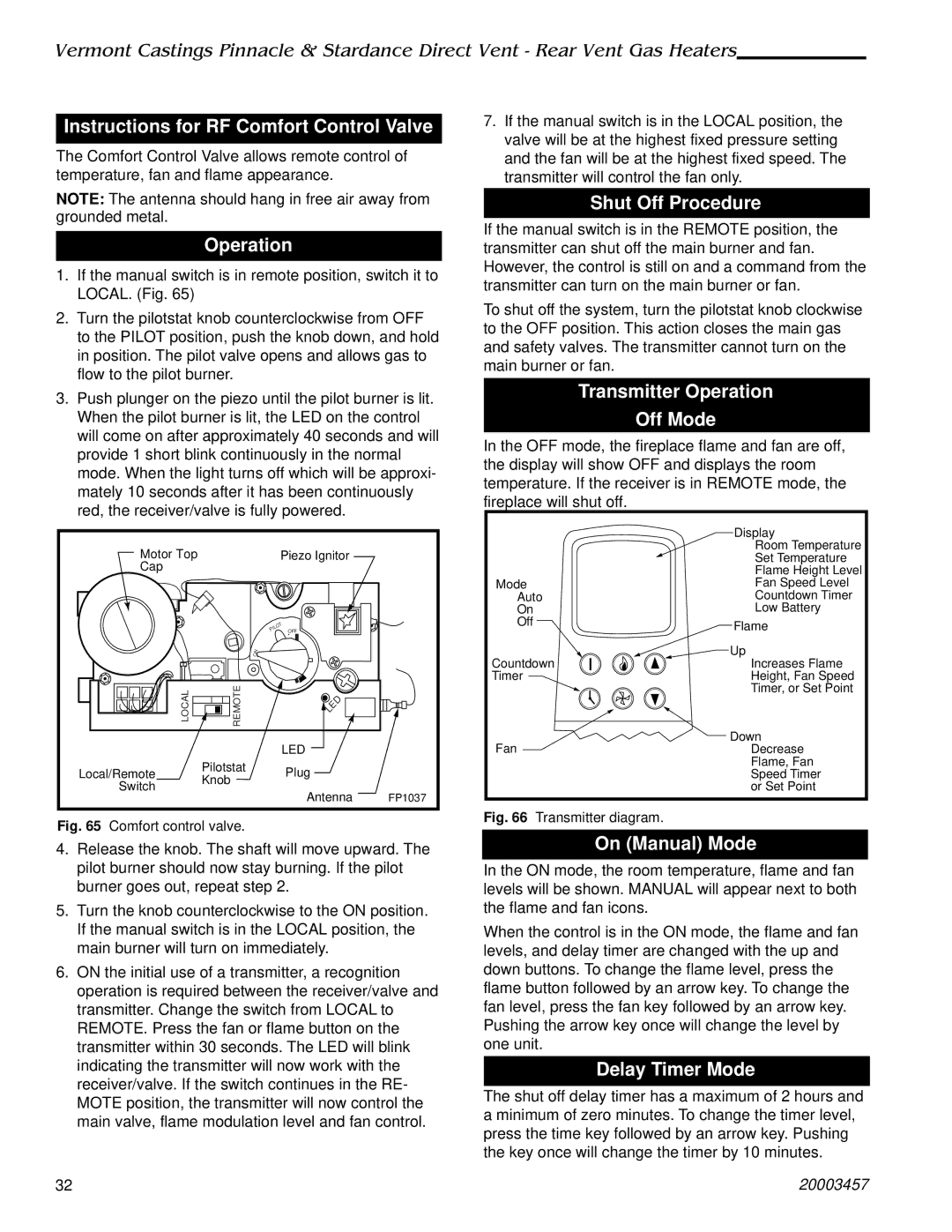 Vermont Casting 2998, 2950, 2951 Instructions for RF Comfort Control Valve, Operation, Shut Off Procedure, On Manual Mode 