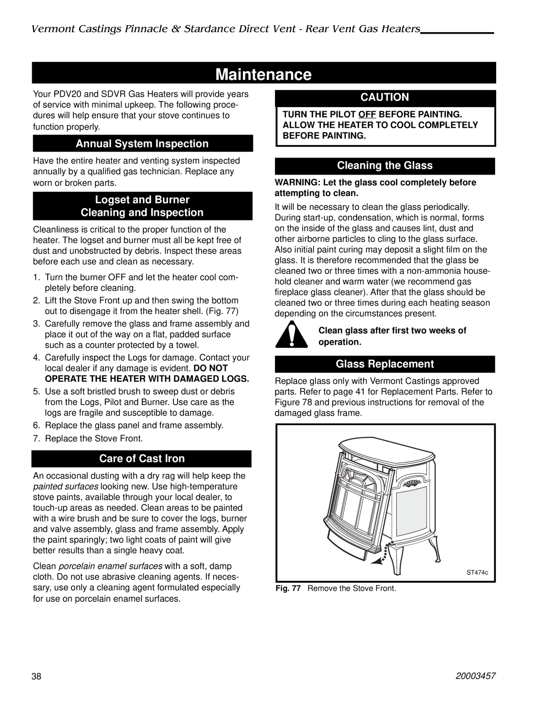 Vermont Casting 2998, 2950, 2951, 2997, 2996, 2995 manual Maintenance 