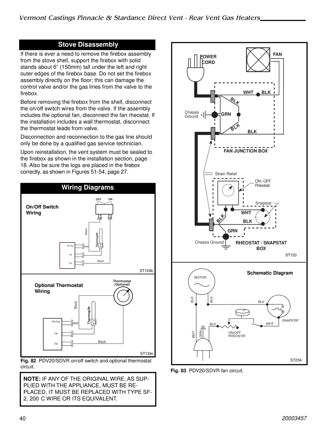 Vermont Casting 2996, 2950, 2951, 2998, 2997, 2995 manual Stove Disassembly, Wiring Diagrams 