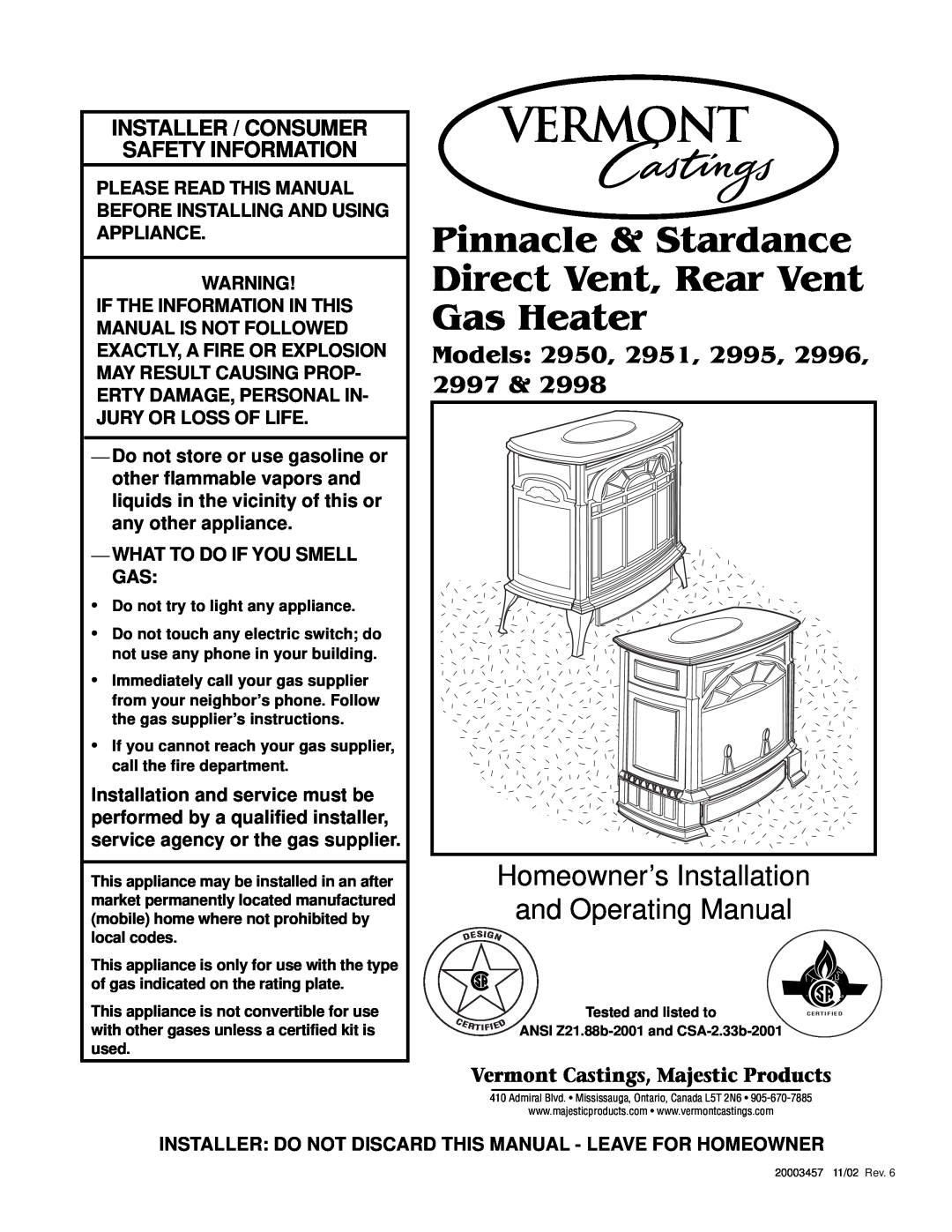 Vermont Casting 2951 manual Vermont Castings, Majestic Products, What To Do If You Smell Gas, Gas Heater, Models, 2997 