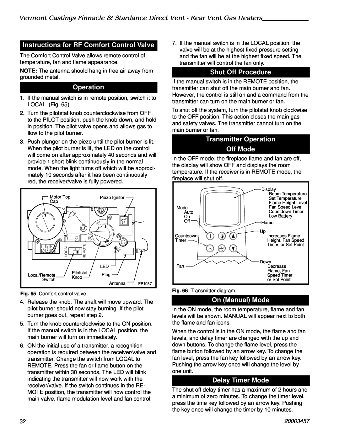Vermont Casting 2998 Instructions for RF Comfort Control Valve, Operation, Shut Off Procedure, On Manual Mode, 20003457 