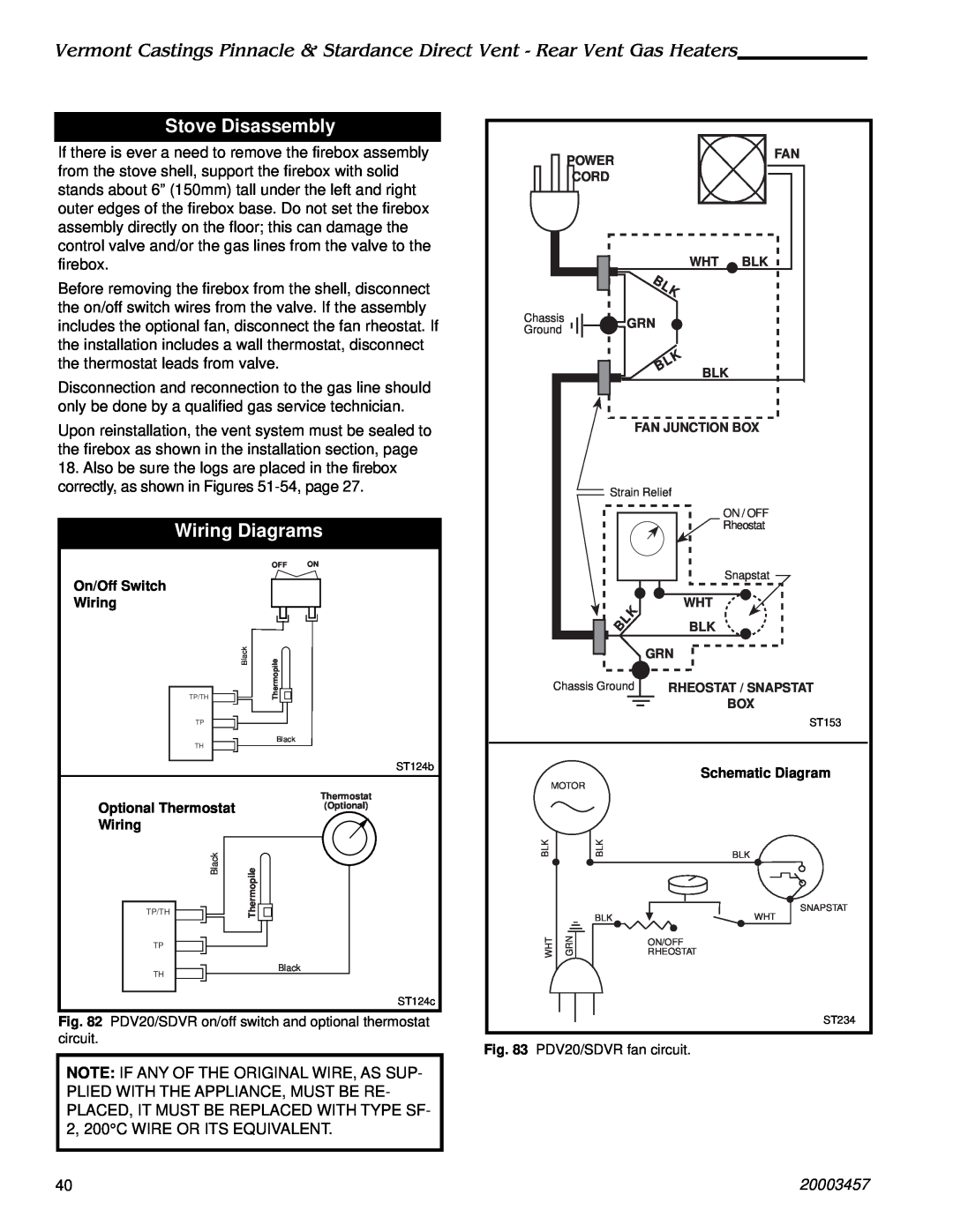 Vermont Casting 2996, 2950, 2951, 2998, 2997, 2995 manual Stove Disassembly, Wiring Diagrams, 20003457 