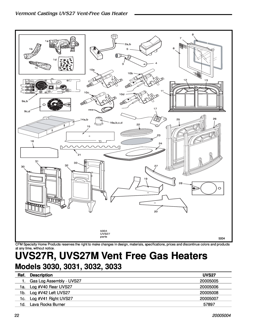 Vermont Casting 3031 Models, UVS27R, UVS27M Vent Free Gas Heaters, Vermont Castings UVS27 Vent-FreeGas Heater, 20005004 