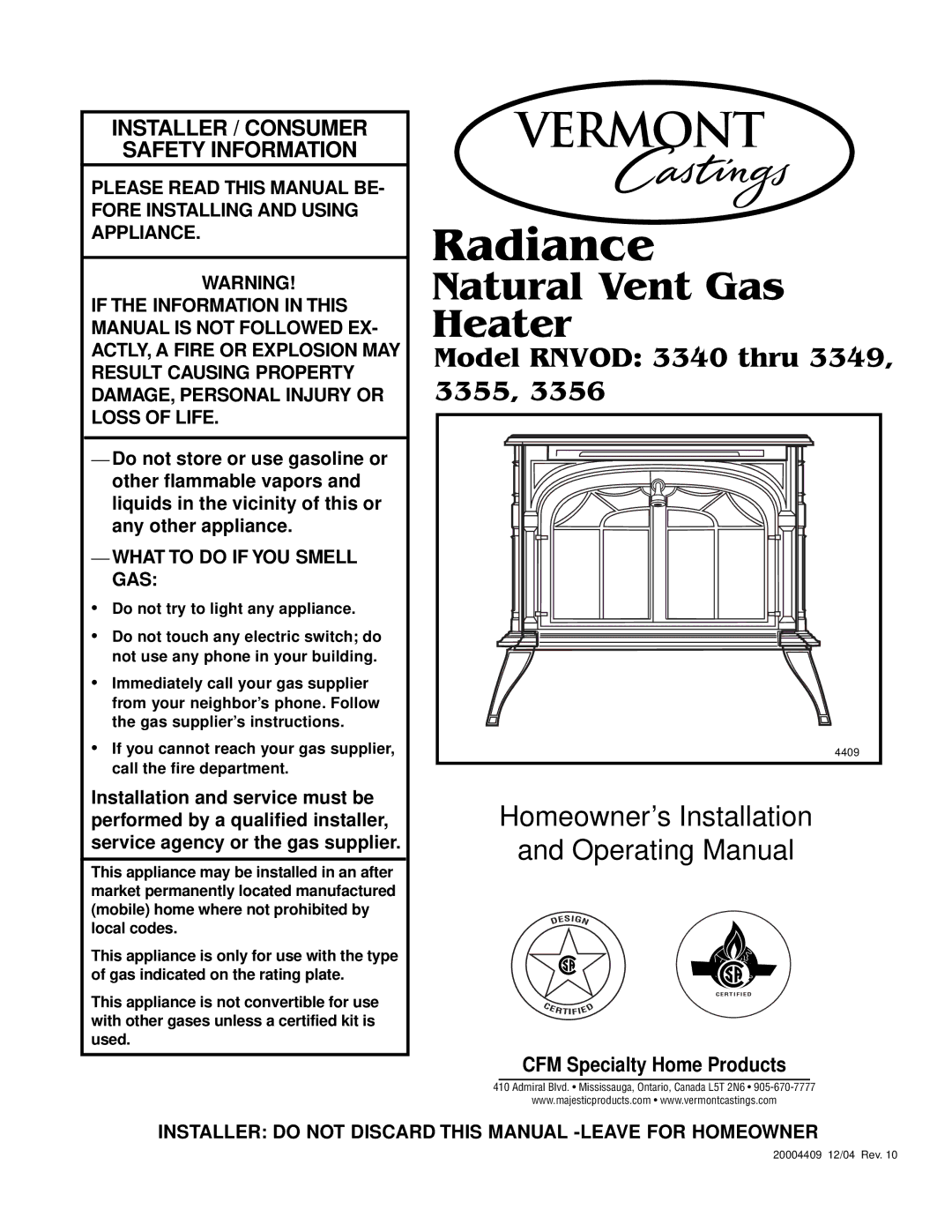 Vermont Casting 3349, 3340, 3356 4409 410, 3355 manual Radiance 