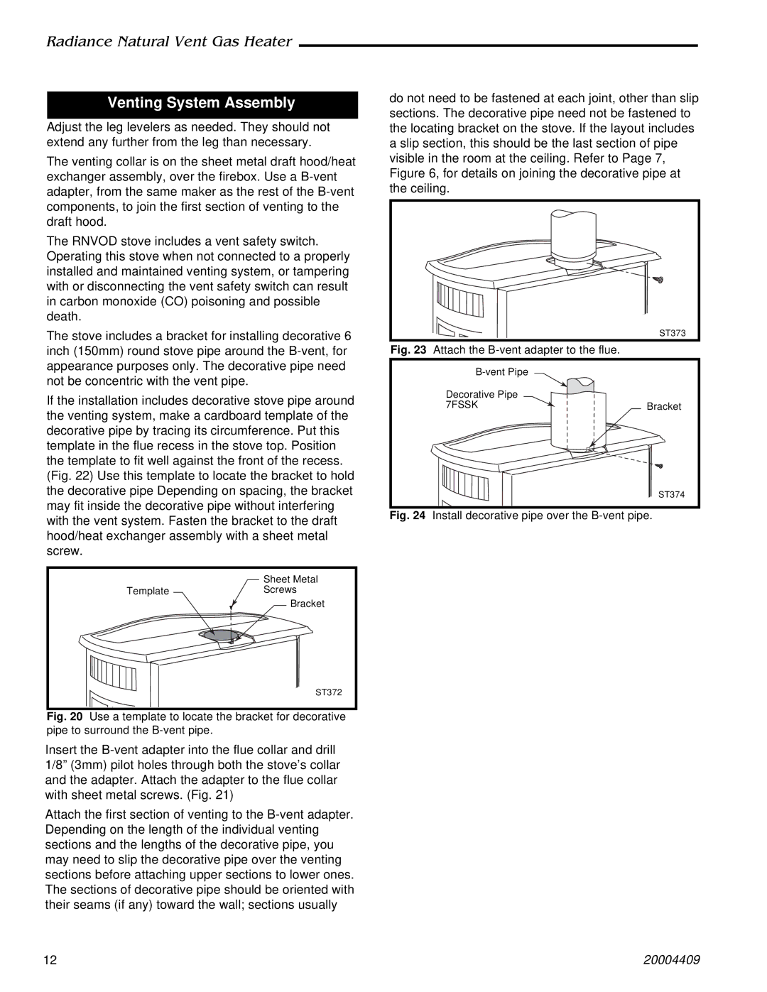 Vermont Casting 3340, 3349, 3356 4409 410, 3355 manual Venting System Assembly, Attach the B-vent adapter to the flue 