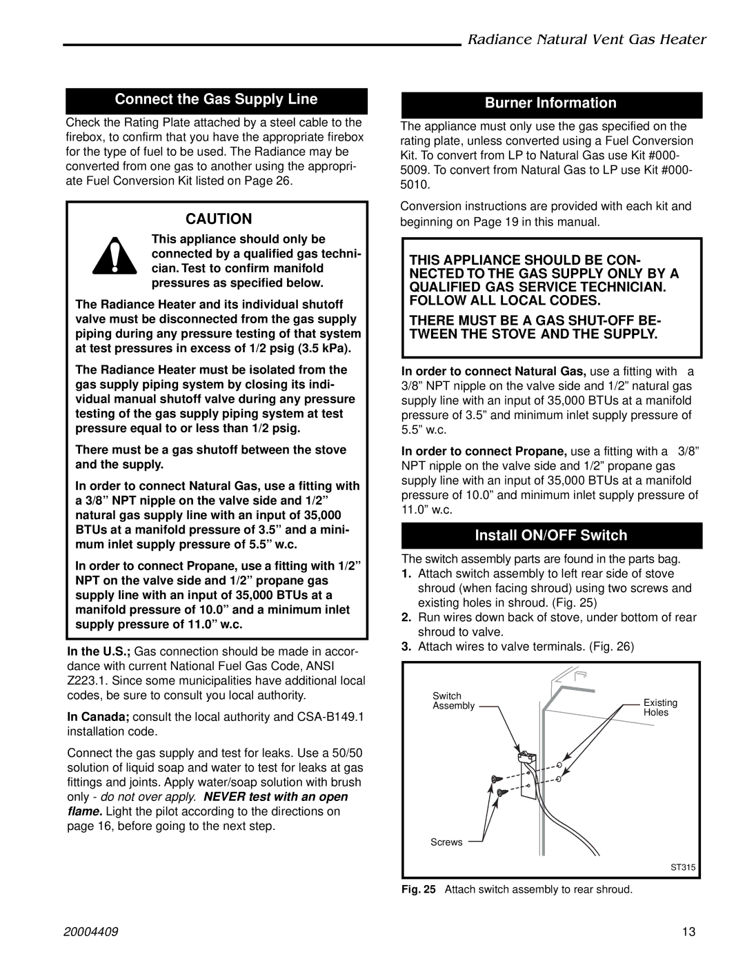 Vermont Casting 3349, 3340, 3356 4409 410, 3355 manual Connect the Gas Supply Line, Burner Information, Install ON/OFF Switch 