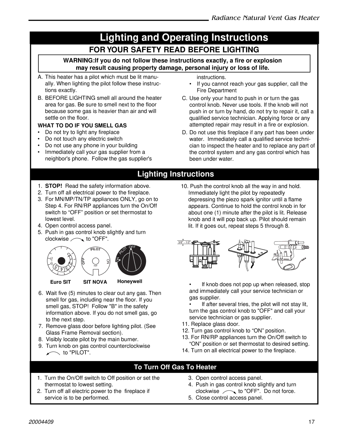 Vermont Casting 3349, 3340 Lighting and Operating Instructions, To Turn Off Gas To Heater, What to do if YOU Smell GAS 