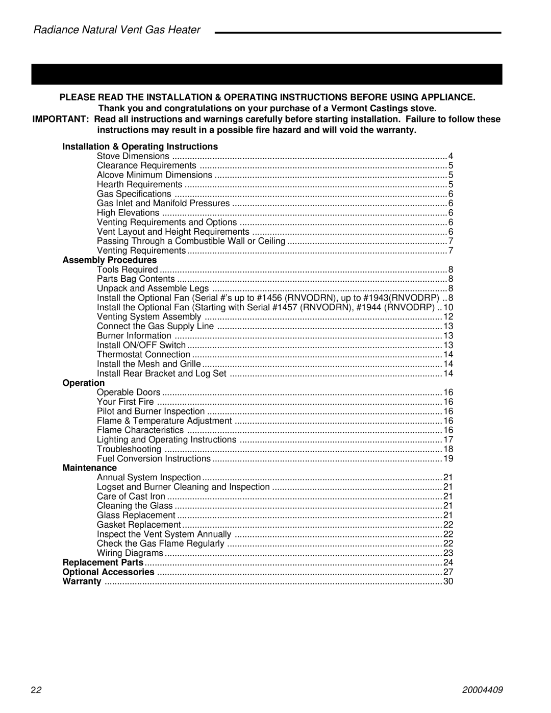 Vermont Casting 3356 4409 410, 3340, 3349, 3355 manual Table of Contents 