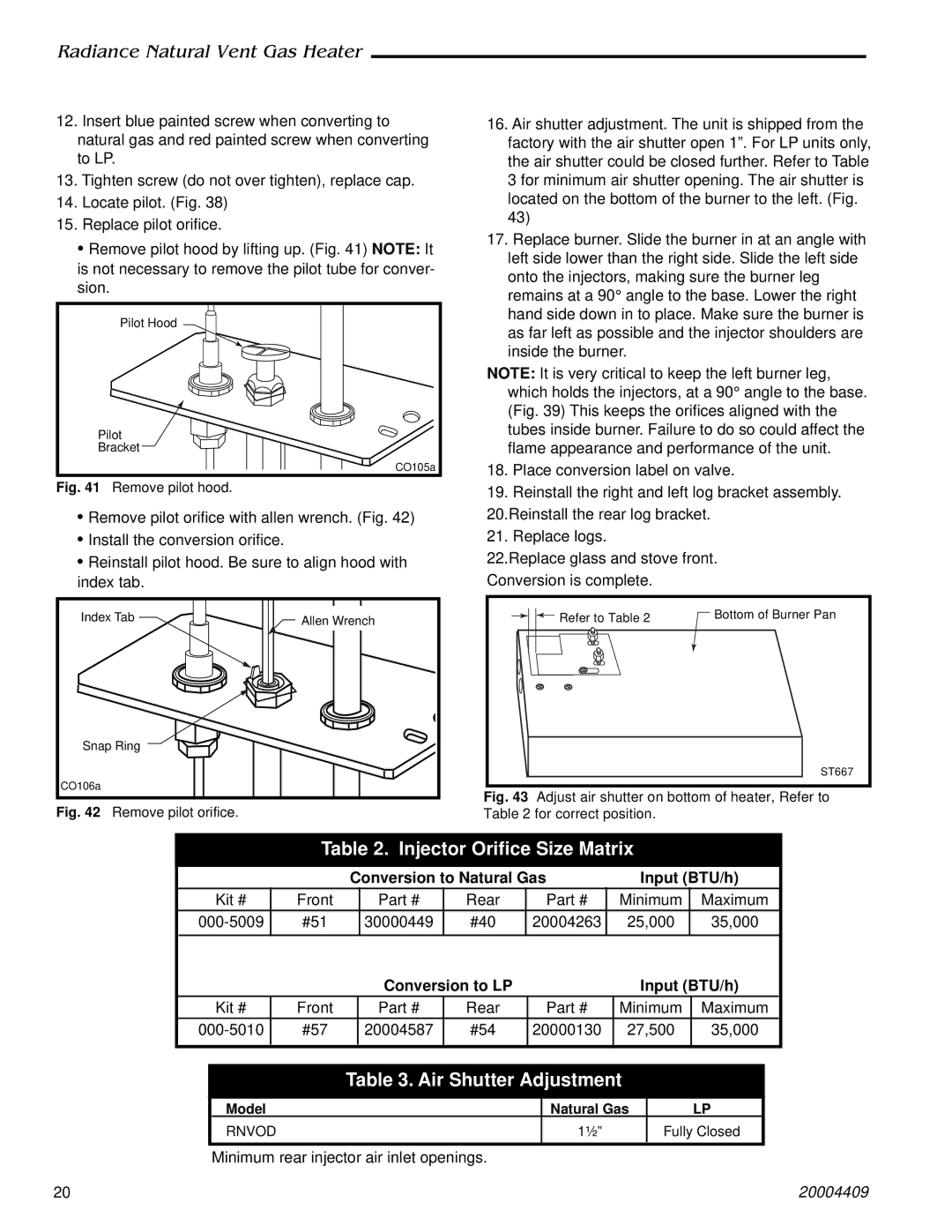 Vermont Casting 3340, 3349 Injector Orifice Size Matrix, Air Shutter Adjustment, Conversion to Natural Gas Input BTU/h 