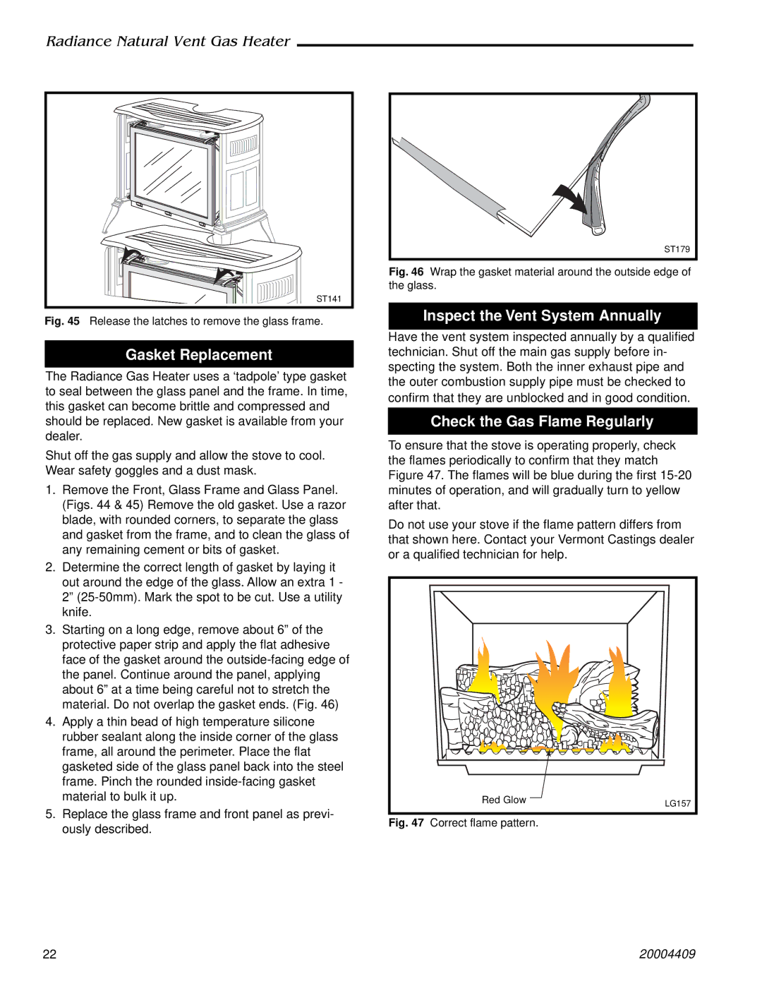 Vermont Casting 3356 4409 410, 3340 Gasket Replacement, Inspect the Vent System Annually, Check the Gas Flame Regularly 