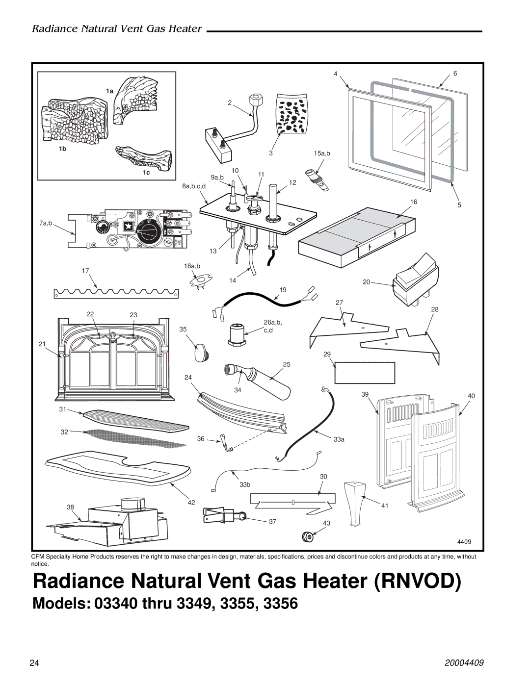 Vermont Casting 3340, 3349, 3356 4409 410, 3355 manual Radiance Natural Vent Gas Heater Rnvod 