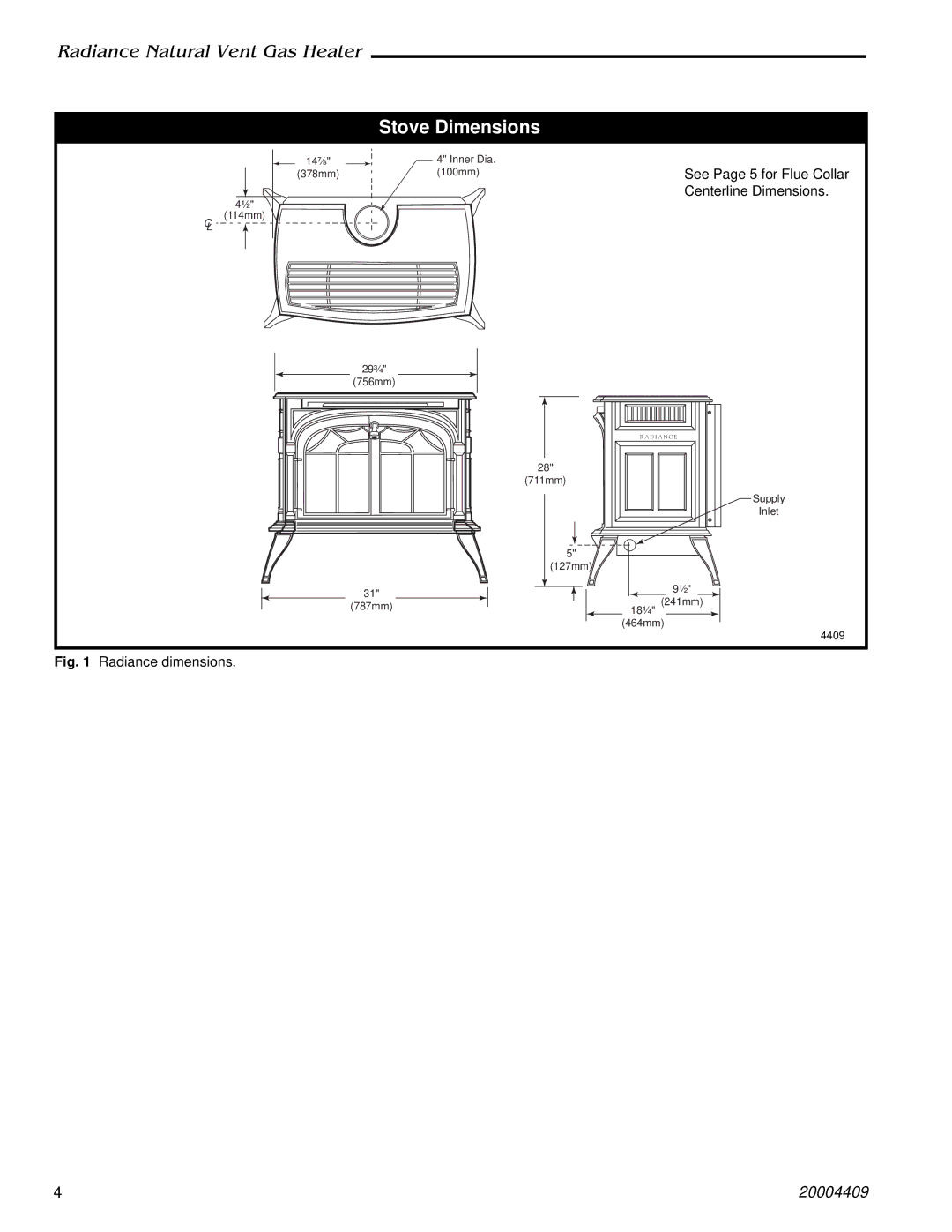 Vermont Casting 3340, 3349, 3356 4409 410, 3355 manual Stove Dimensions, Radiance dimensions 