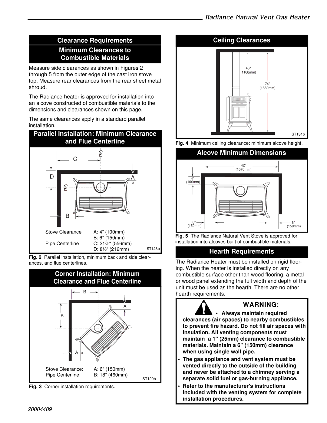 Vermont Casting 3349 Parallel Installation Minimum Clearance Flue Centerline, Ceiling Clearances, Hearth Requirements 