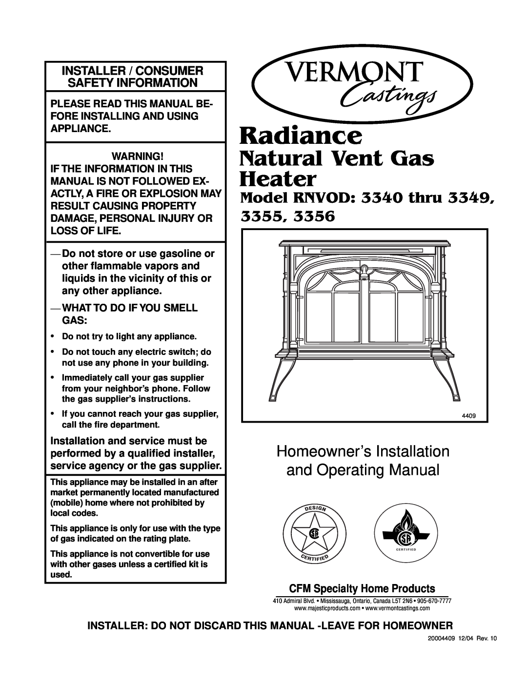 Vermont Casting 3349 manual CFM Specialty Home Products, Radiance, Natural Vent Gas Heater, Model RNVOD 3340 thru, 3355 
