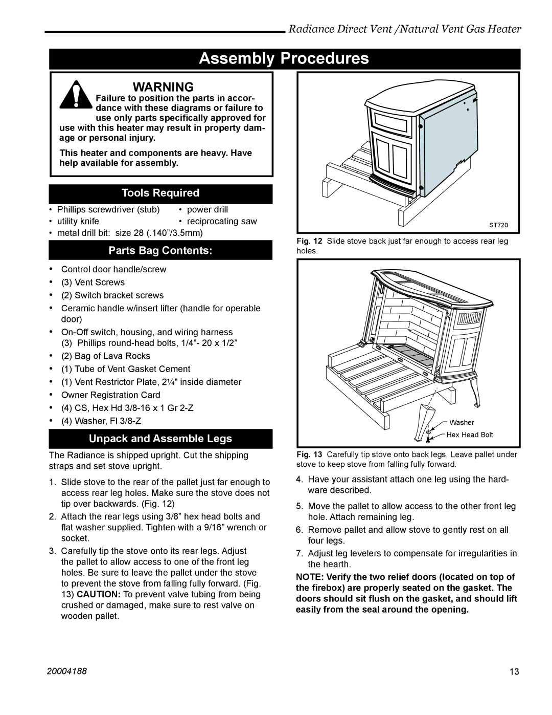 Vermont Casting 3390, 3399, 3369, 3354 Assembly Procedures, Tools Required, Parts Bag Contents, Unpack and Assemble Legs 