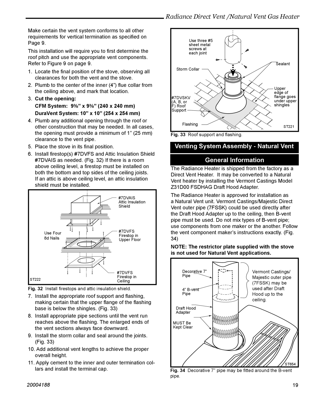 Vermont Casting 3232, 3399, 3369, 3354, 3225, 3390, 3350, 3360 manual Venting System Assembly Natural Vent General Information 