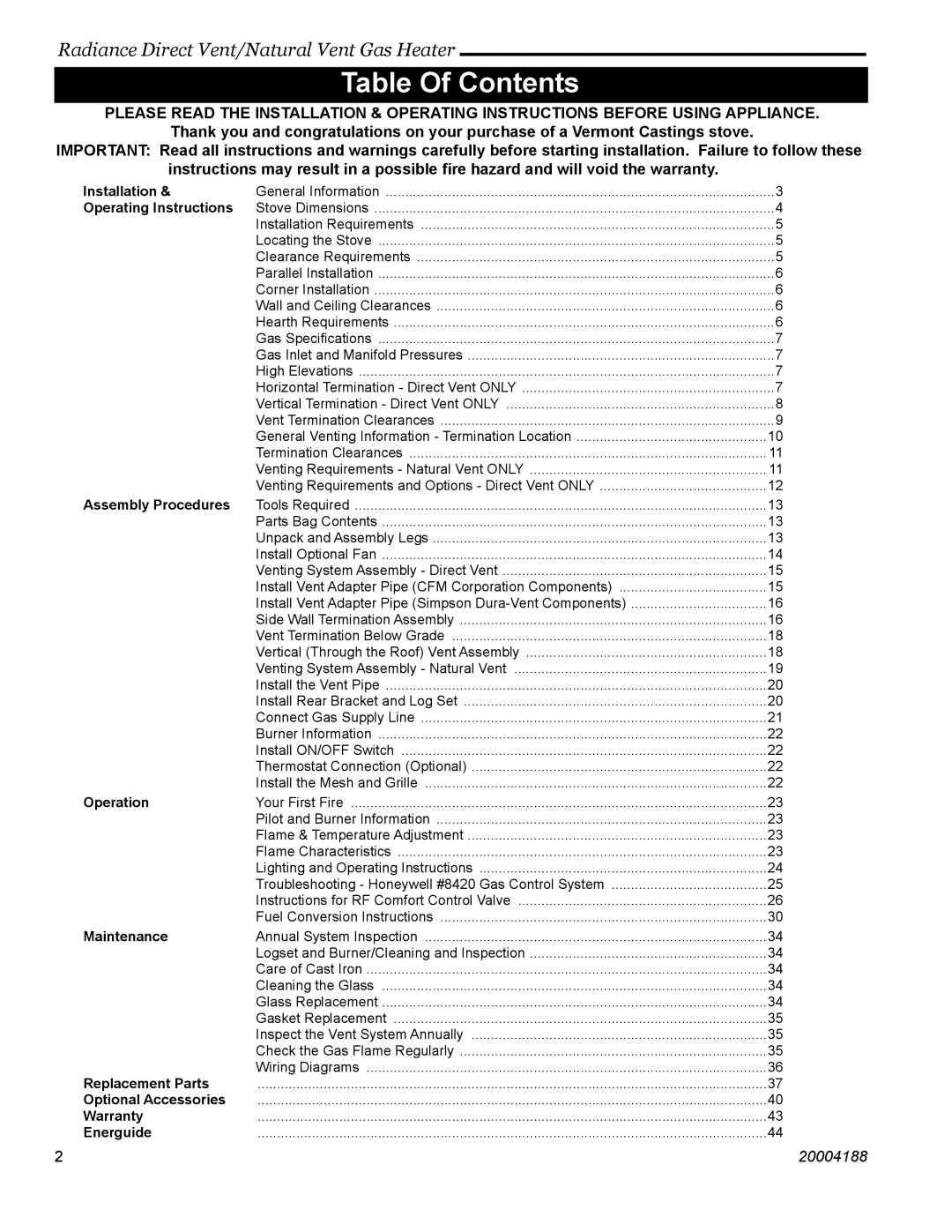 Vermont Casting 3354, 3399, 3369, 3232, 3225, 3390, 3350, 3360 manual Table Of Contents 