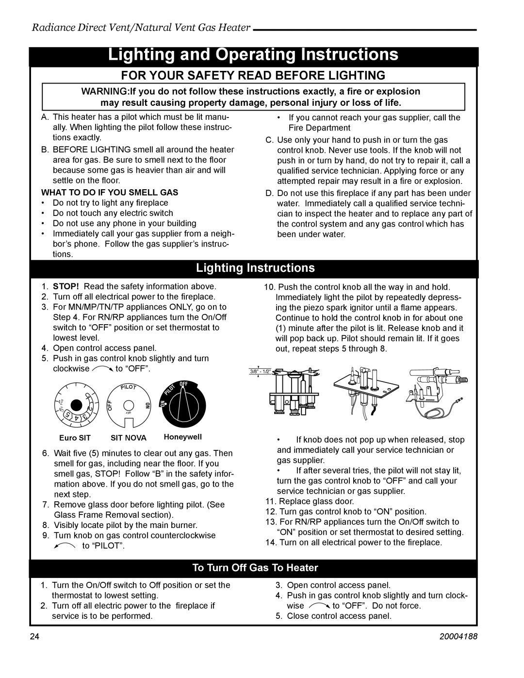 Vermont Casting 3399, 3369, 3354, 3232, 3225, 3390, 3350, 3360 Lighting and Operating Instructions, To Turn Off Gas To Heater 