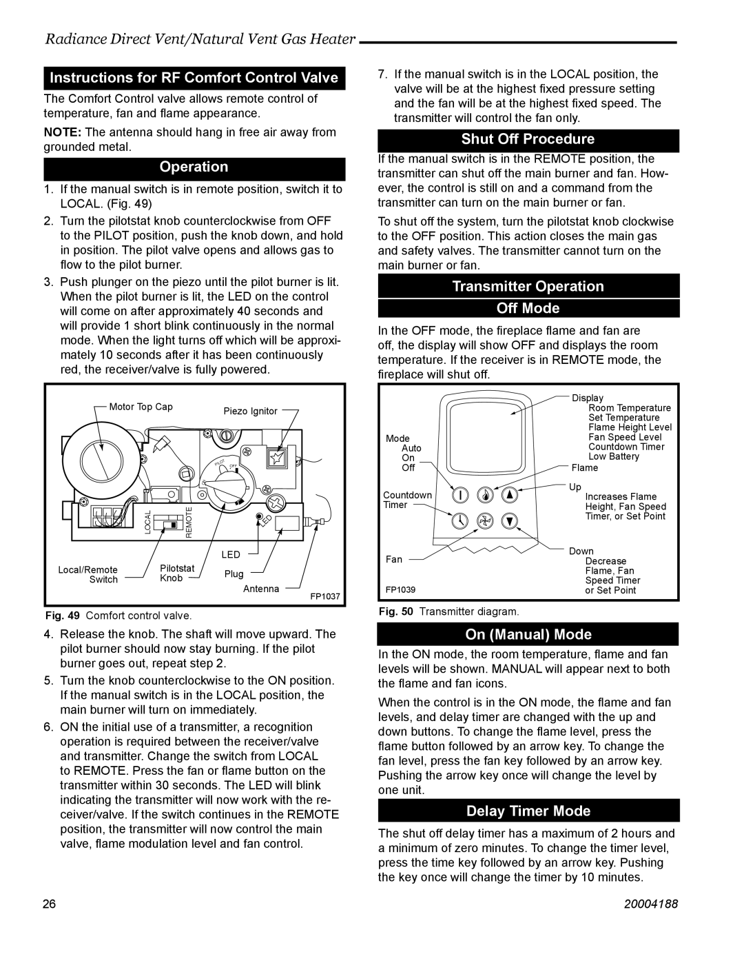 Vermont Casting 3354, 3399, 3369 Instructions for RF Comfort Control Valve, Operation, Shut Off Procedure, On Manual Mode 