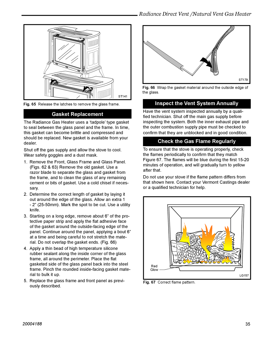 Vermont Casting 3232, 3399, 3369, 3354 Gasket Replacement, Inspect the Vent System Annually, Check the Gas Flame Regularly 