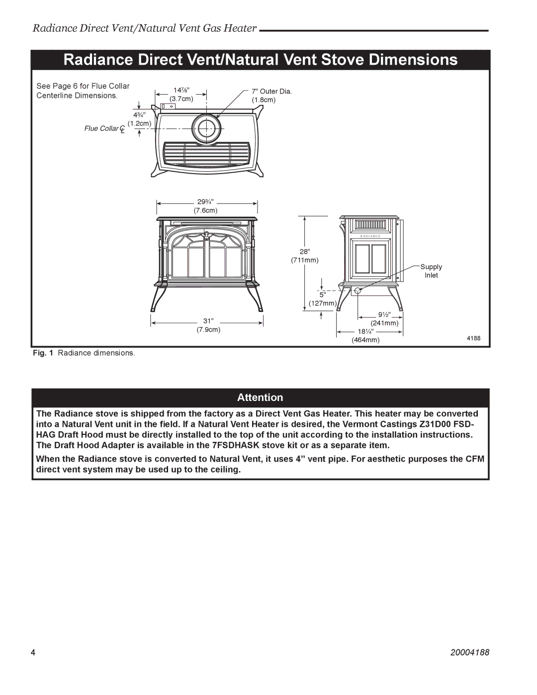 Vermont Casting 3225, 3399, 3369, 3354, 3232, 3390 Radiance Direct Vent/Natural Vent Stove Dimensions, Radiance dimensions 