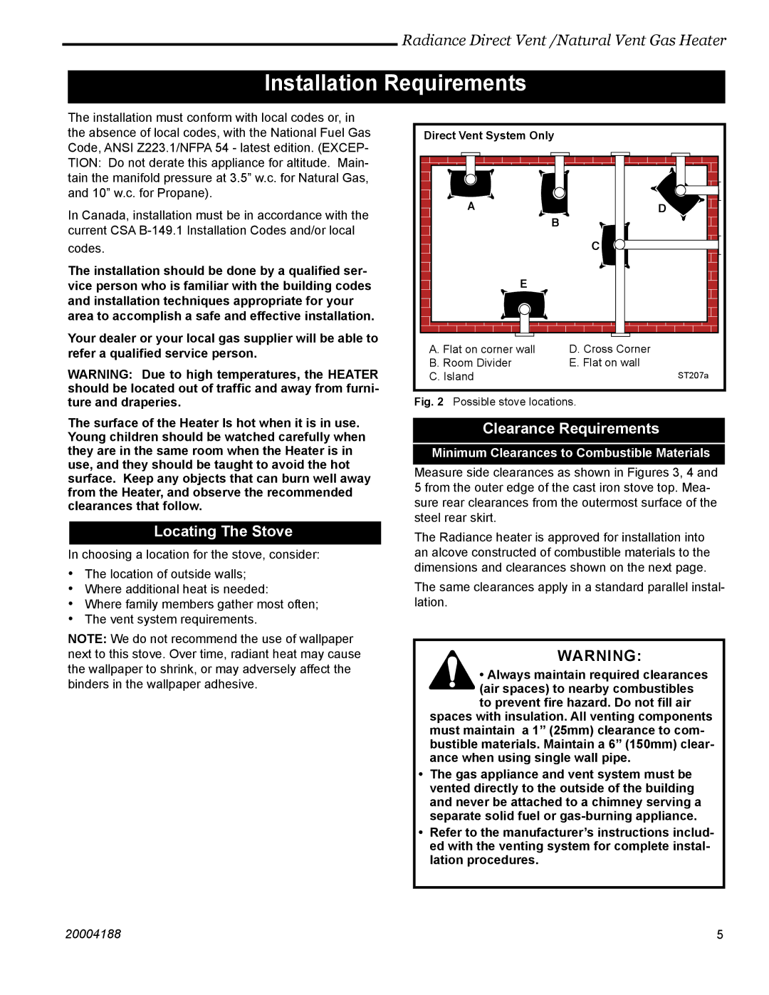 Vermont Casting 3390, 3399, 3369, 3354, 3232, 3225, 3350 Installation Requirements, Locating The Stove, Clearance Requirements 