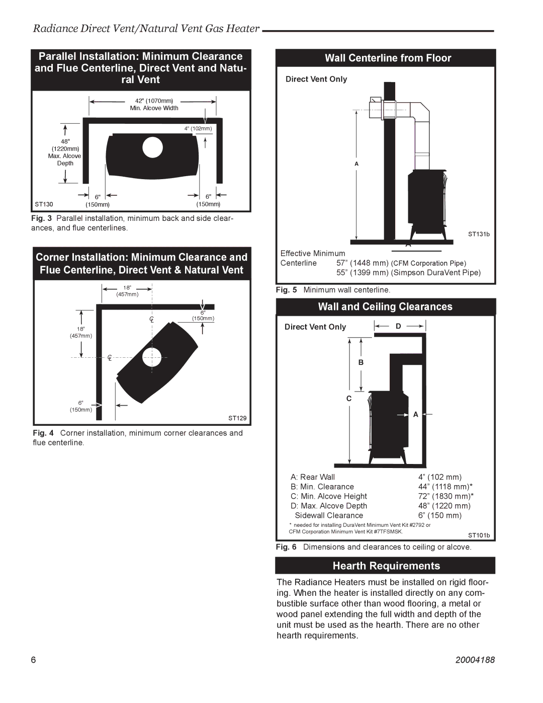 Vermont Casting 3350, 3399, 3369, 3354, 3232 Wall Centerline from Floor, Wall and Ceiling Clearances, Hearth Requirements 