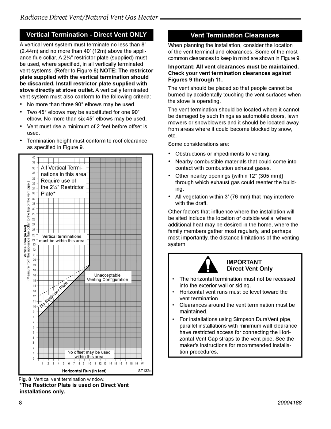 Vermont Casting 3399, 3369, 3354, 3232, 3225, 3390, 3350 Vertical Termination Direct Vent only, Vent Termination Clearances 