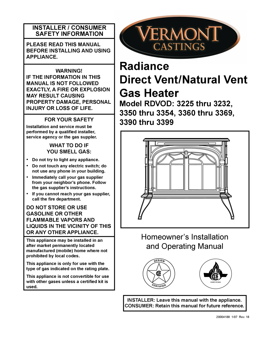Vermont Casting 3369 manual Radiance Direct Vent/Natural Vent Gas Heater, Homeowner’s Installation and Operating Manual 