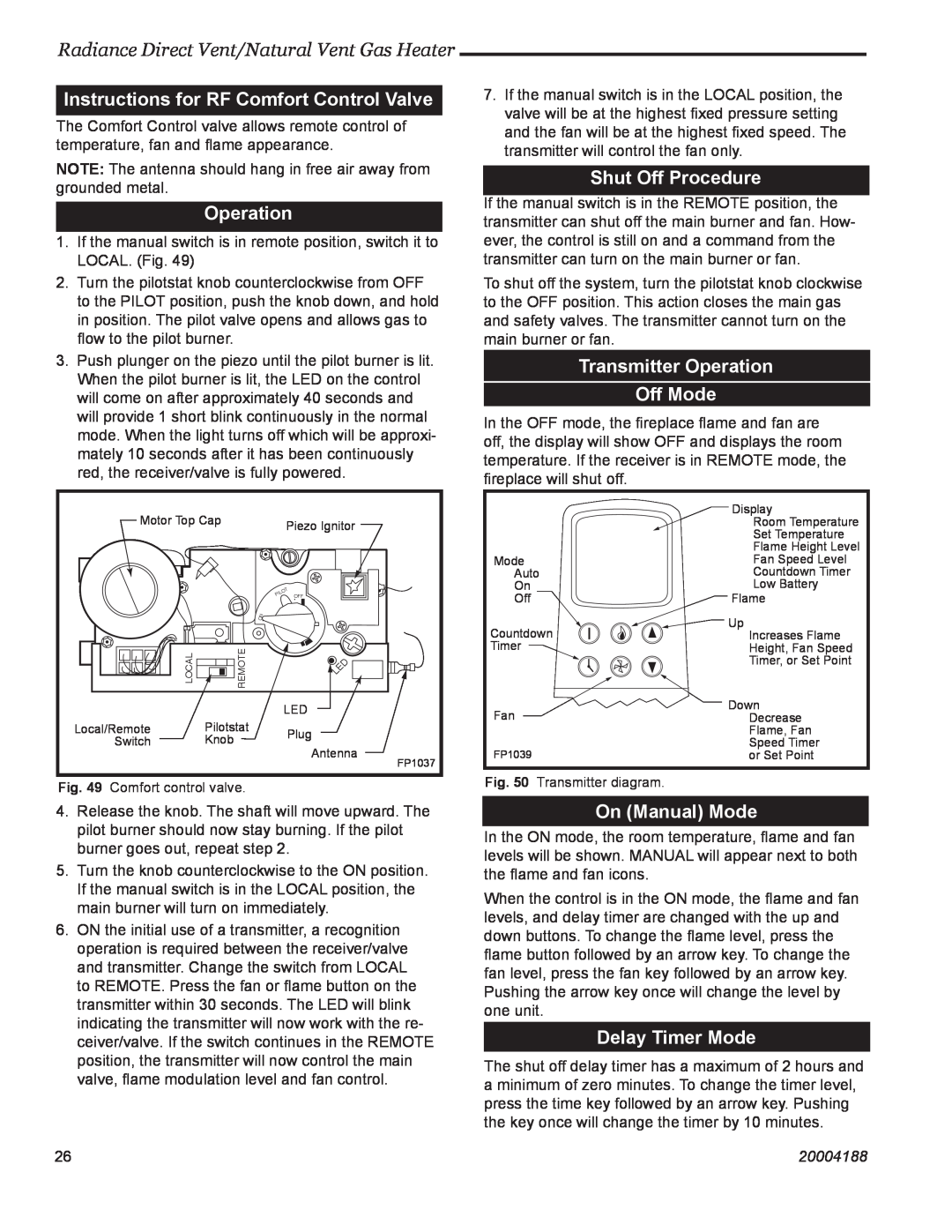 Vermont Casting 3354 Instructions for RF Comfort Control Valve, Operation, Shut Off Procedure, On Manual Mode, 20004188 