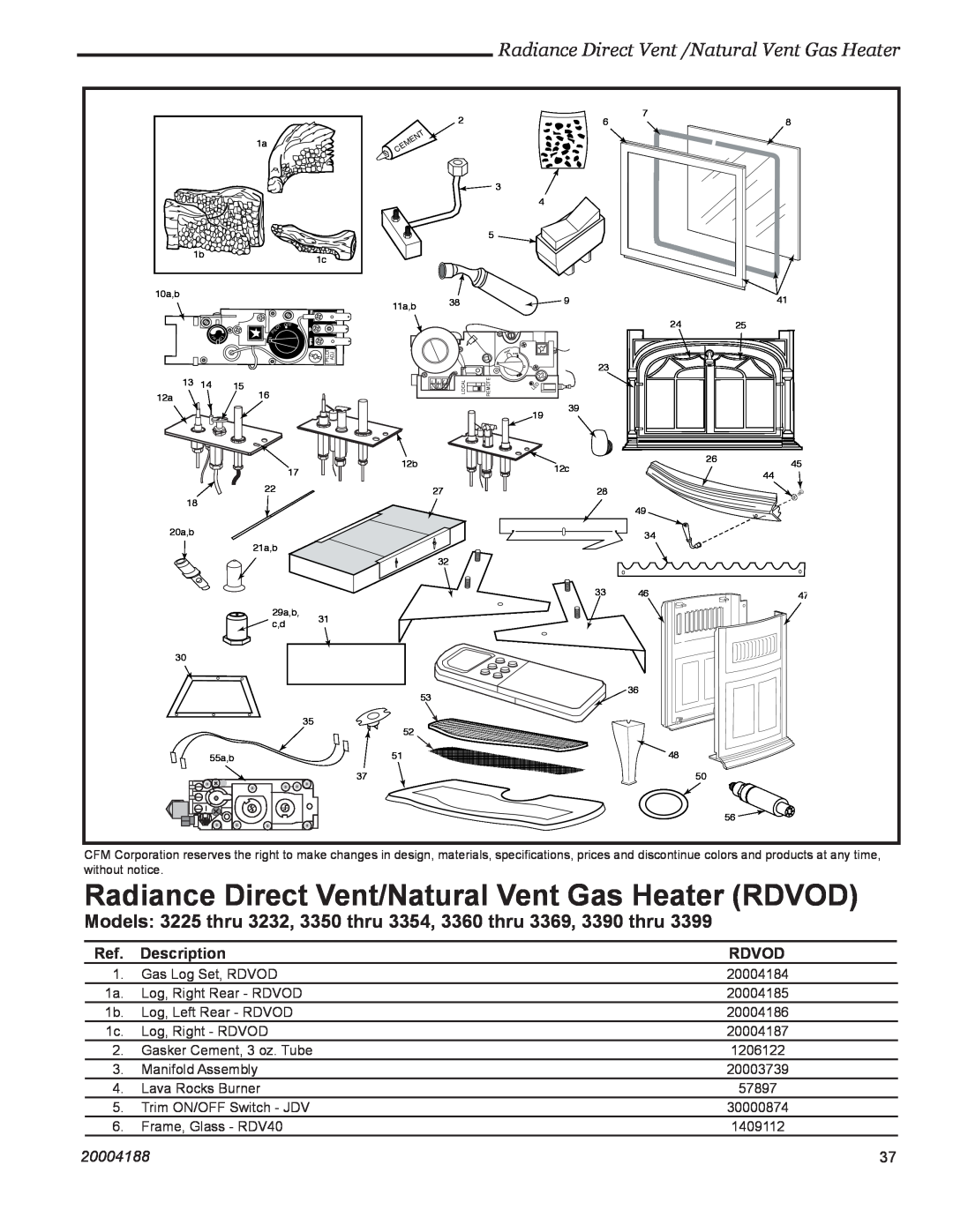 Vermont Casting 3390, 3399, 3369, 3354, 3232, 3225 Radiance Direct Vent /Natural Vent Gas Heater, Description, Rdvod, 20004188 