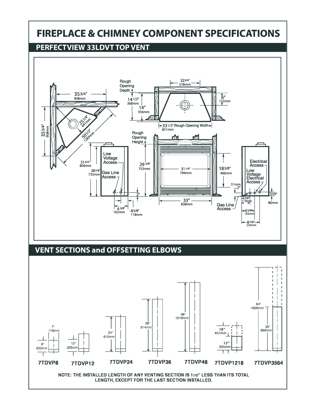 Vermont Casting specifications 7TDVP3564, Fireplace & Chimney Component Specifications, PERFECTVIEW 33LDVT TOP VENT 