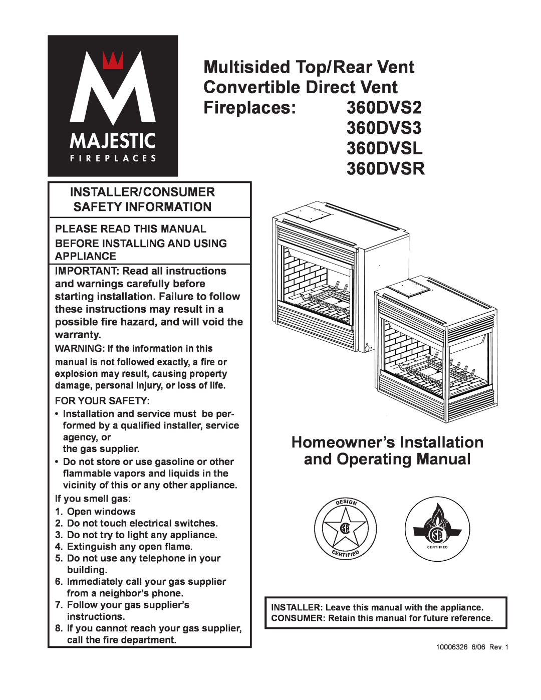 Vermont Casting warranty Please Read This Manual Before Installing And Using Appliance, 360DVS3 360DVSL 360DVSR 