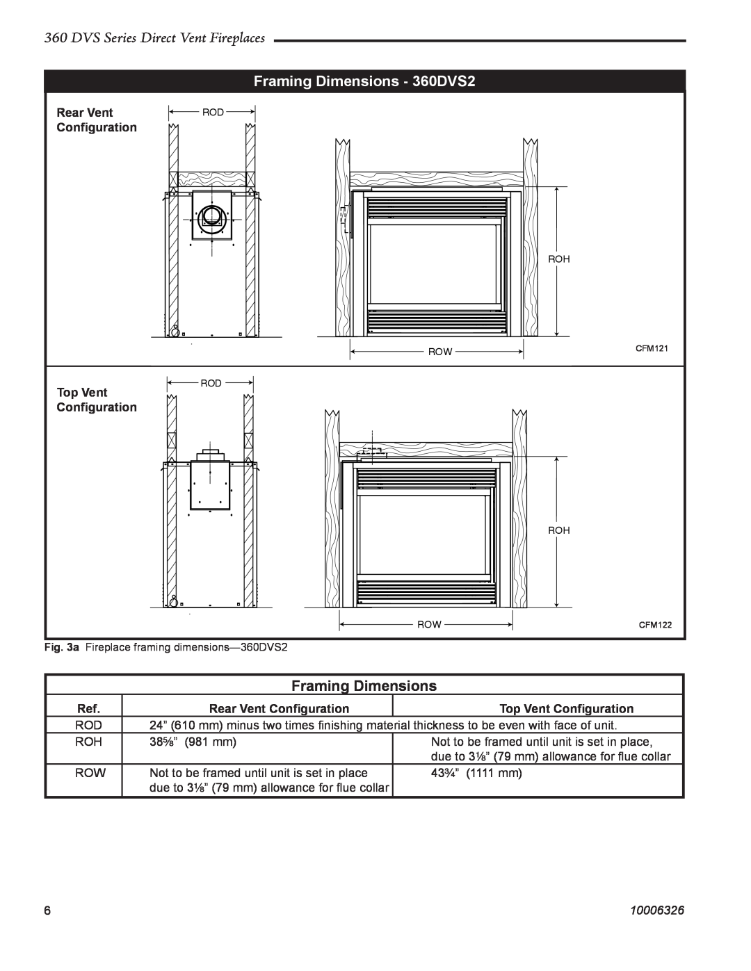 Vermont Casting 360DVSR Framing Dimensions - 360DVS2, DVS Series Direct Vent Fireplaces, Rear Vent, Conﬁguration, 10006326 