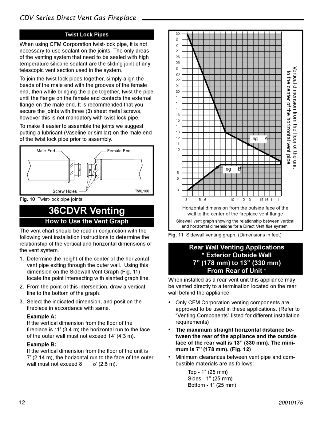 Vermont Casting 36CDVTRN 36CDVR Venting, How to Use the Vent Graph, Rear Wall Venting Applications, From Rear of Unit 